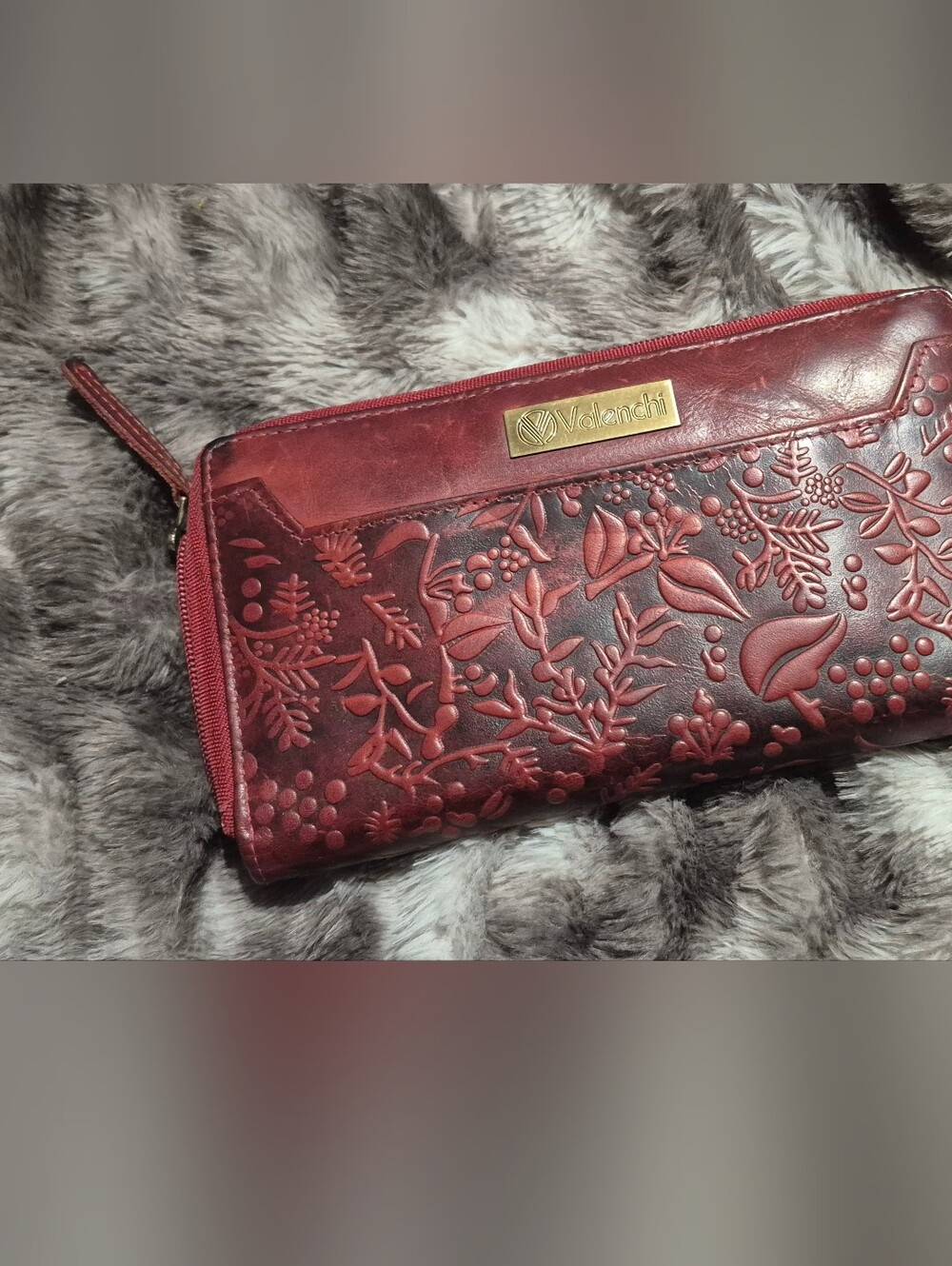 Red Embossed Leather Zip Wallet